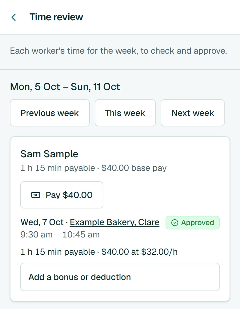 Sam Sample's time approved: 1 hour 15 minutes on a 9:30 to 10:45 am visit, $40.00 at $32.00 an hour.