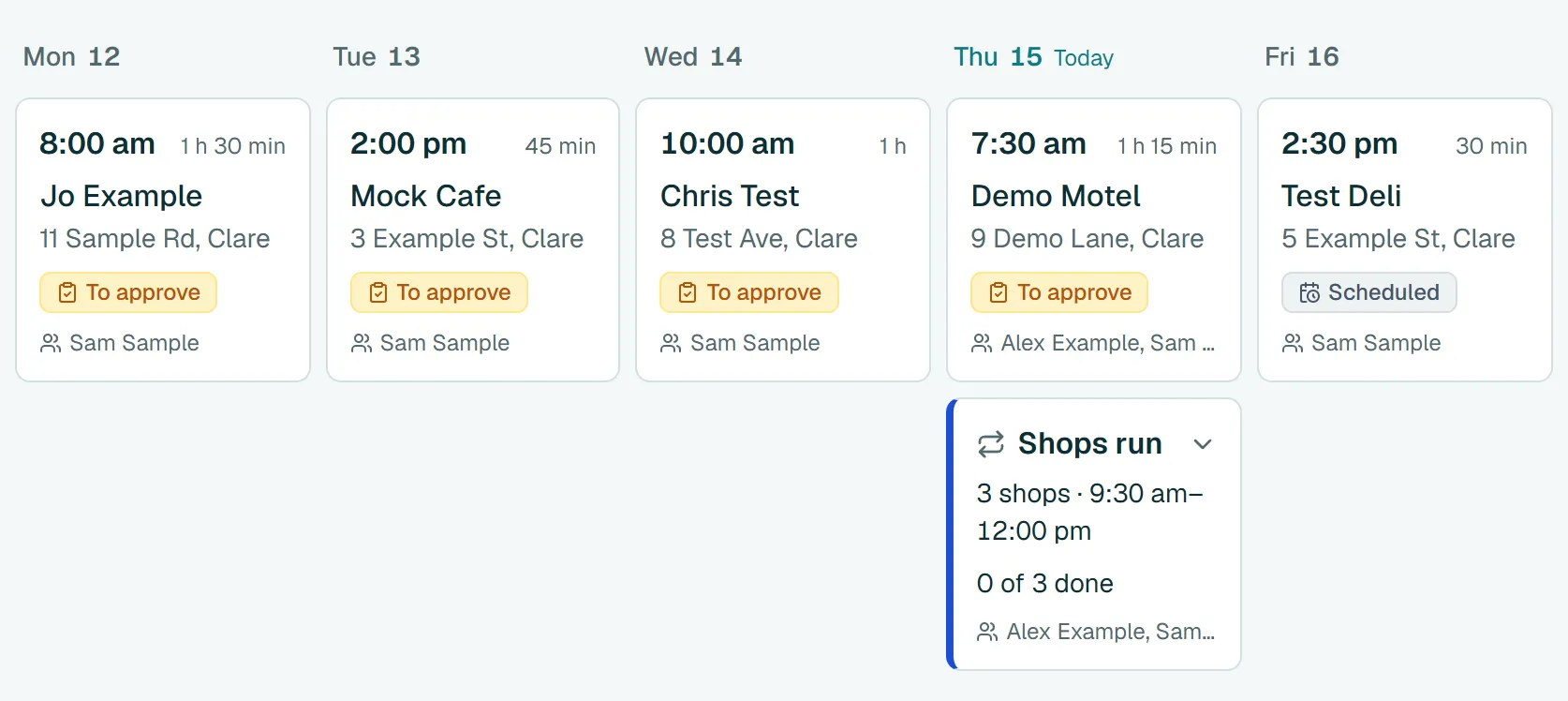 The week calendar from Monday to Friday, with a visit on each day. On Thursday the Shops run is one block: 3 shops from 9:30 am to 12:00 pm, 0 of 3 done.